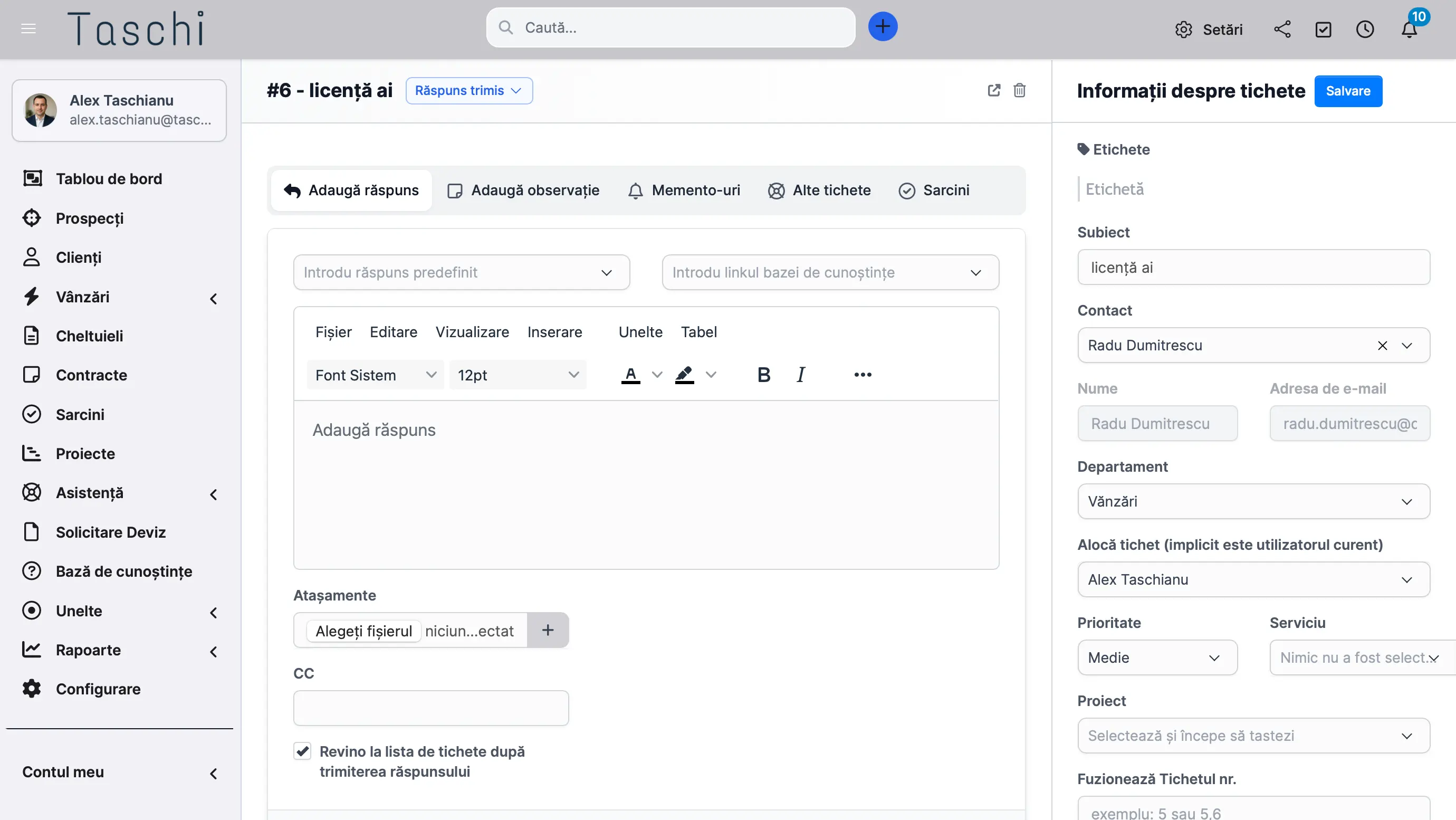 Modul ticketing Taschi – inbox centralizat